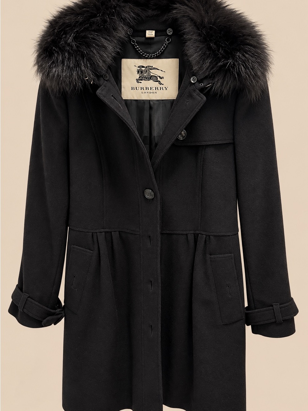 Burberry Black Wool Trench Coat with Fur-Trim Hood